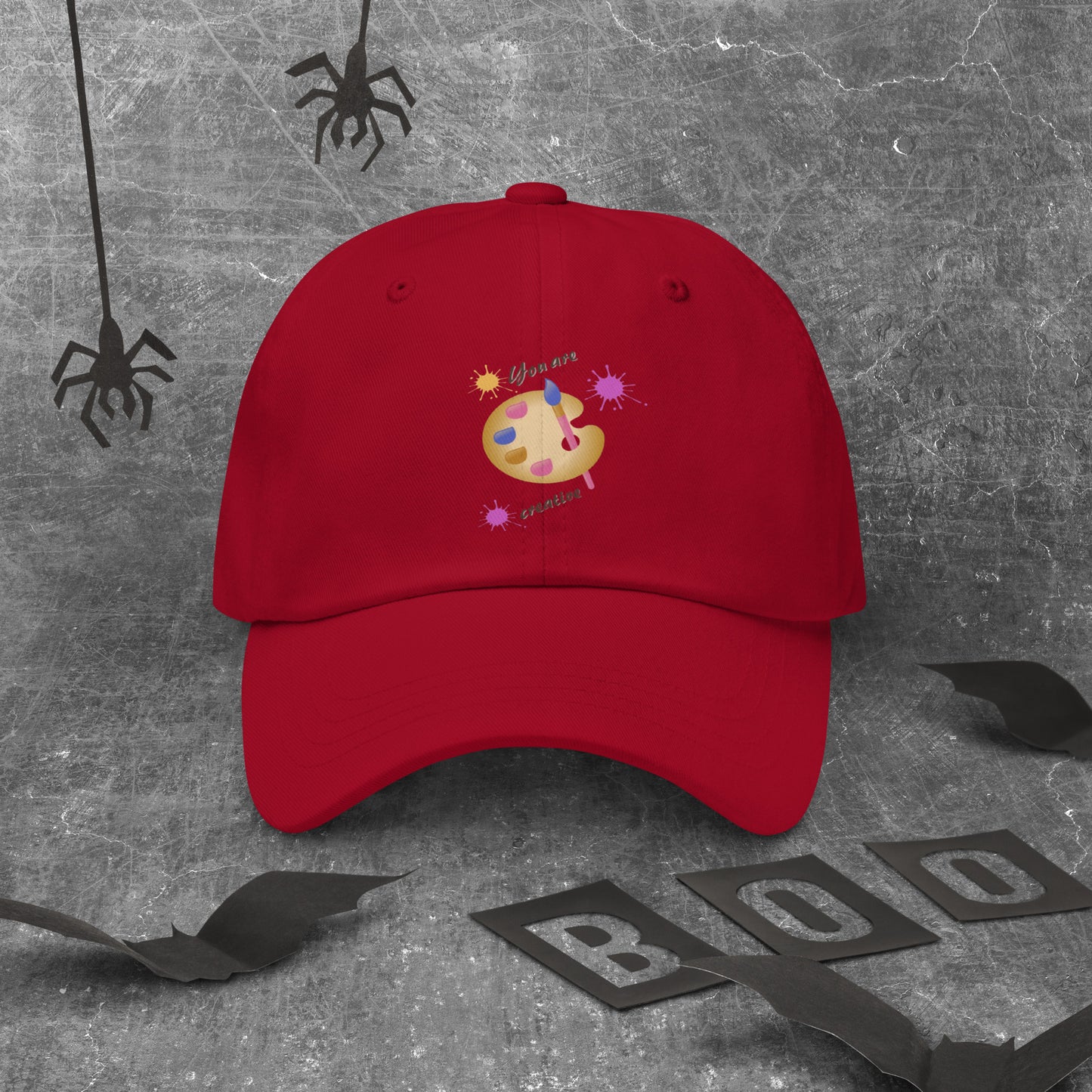 Creators Hat in cranberry red - stylish artist and designer baseball cap with creative emblem for makers