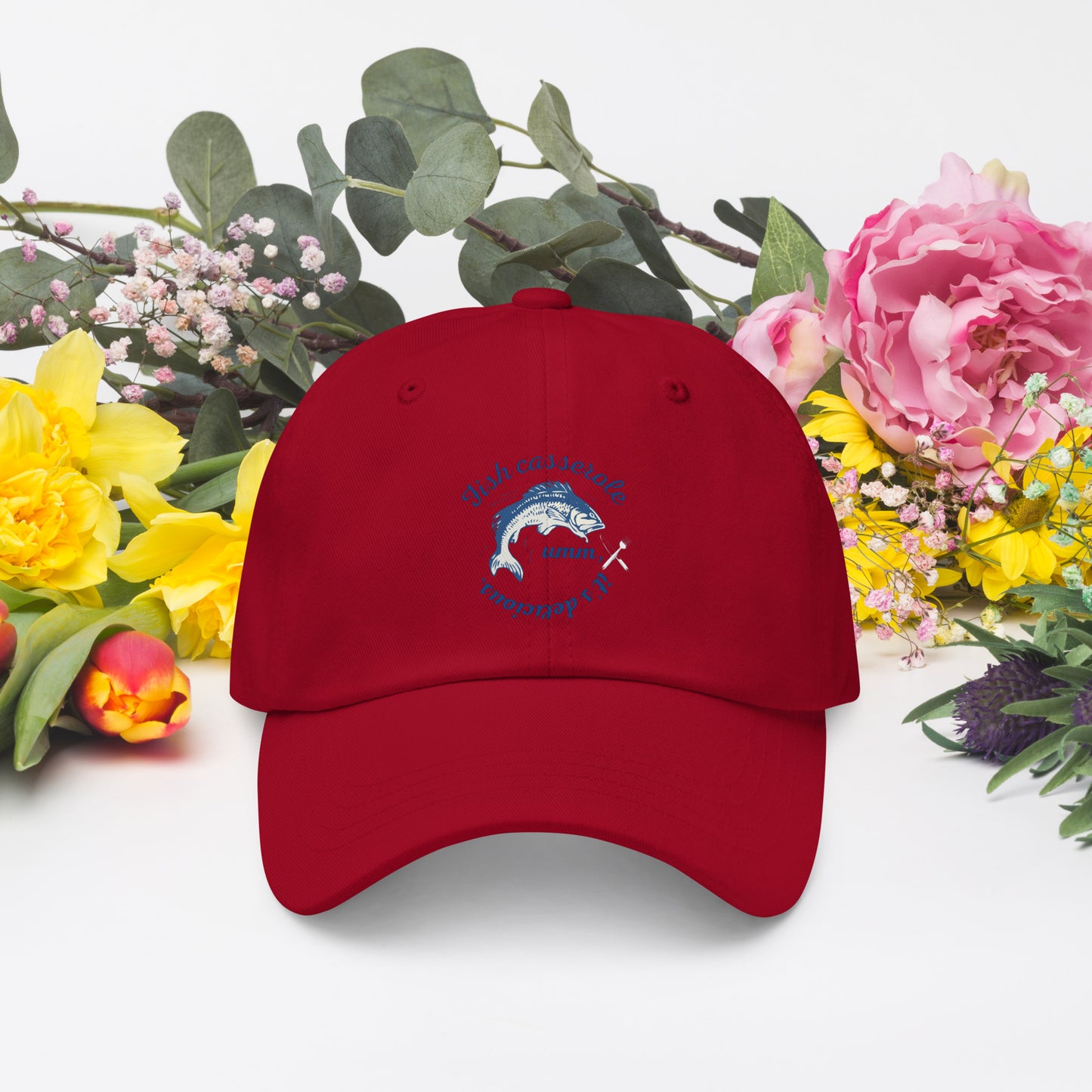 Fish Design hat in cranberry red - stylish ocean-themed baseball cap with fish design for marine lovers