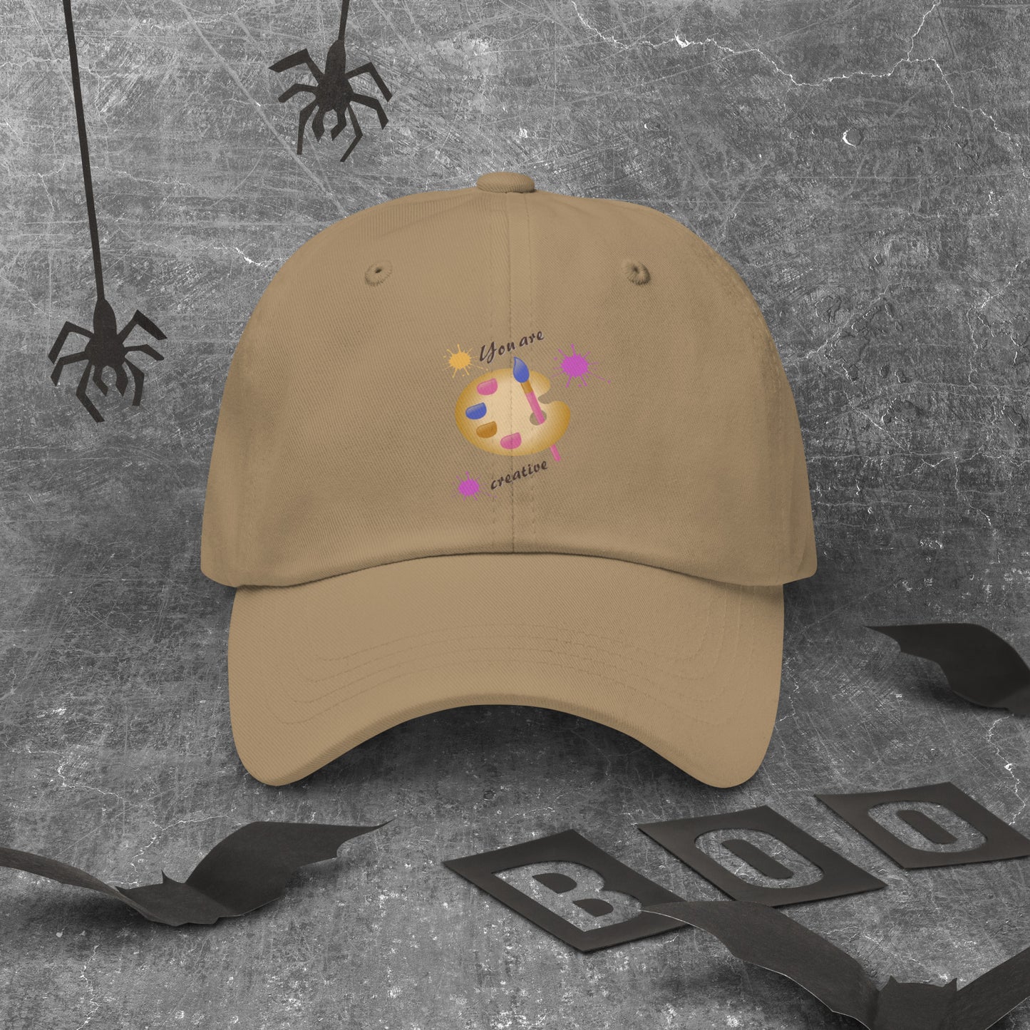 Creators Hat in khaki tan - classic artist and designer baseball cap with creative emblem for makers and artists