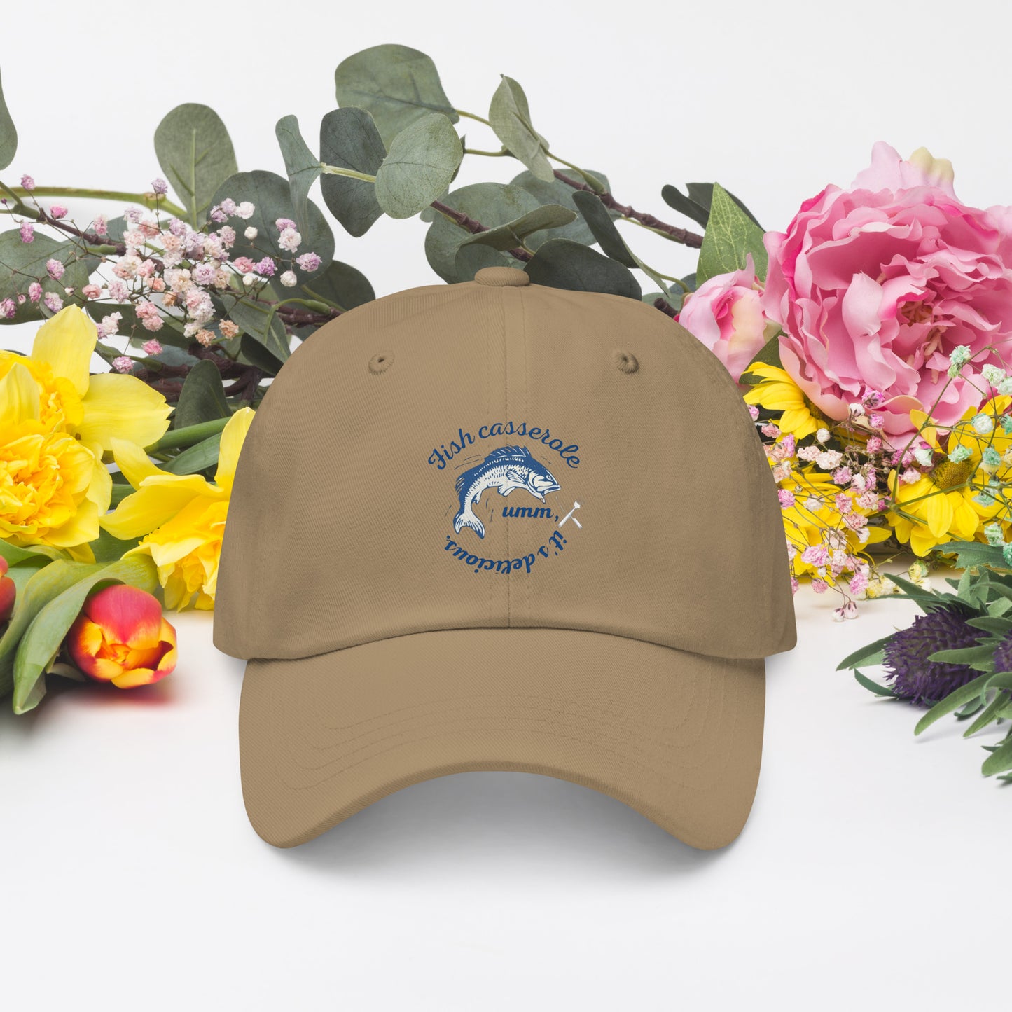 Fish Design hat in khaki tan - classic ocean-themed baseball cap with fish embroidery for outdoor enthusiasts