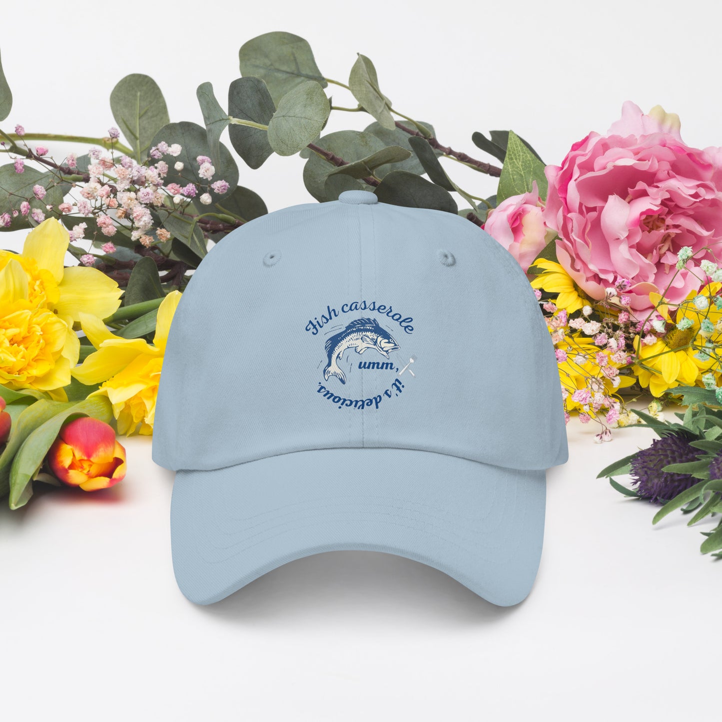 Fish Design hat in light blue - stylish ocean-themed baseball cap with fish embroidery perfect for marine enthusiasts