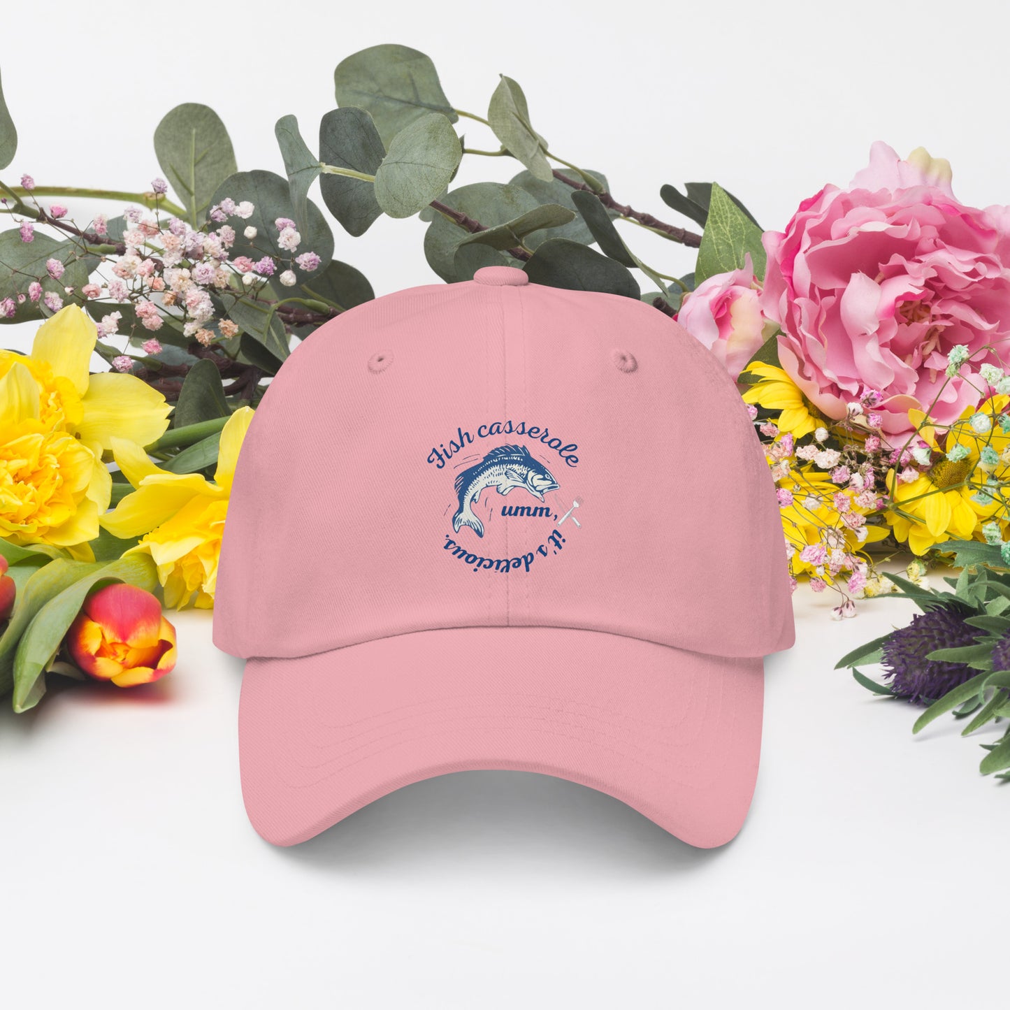 Fish Design hat in pink - comfortable ocean-themed baseball cap with embroidered fish graphic for sea lovers