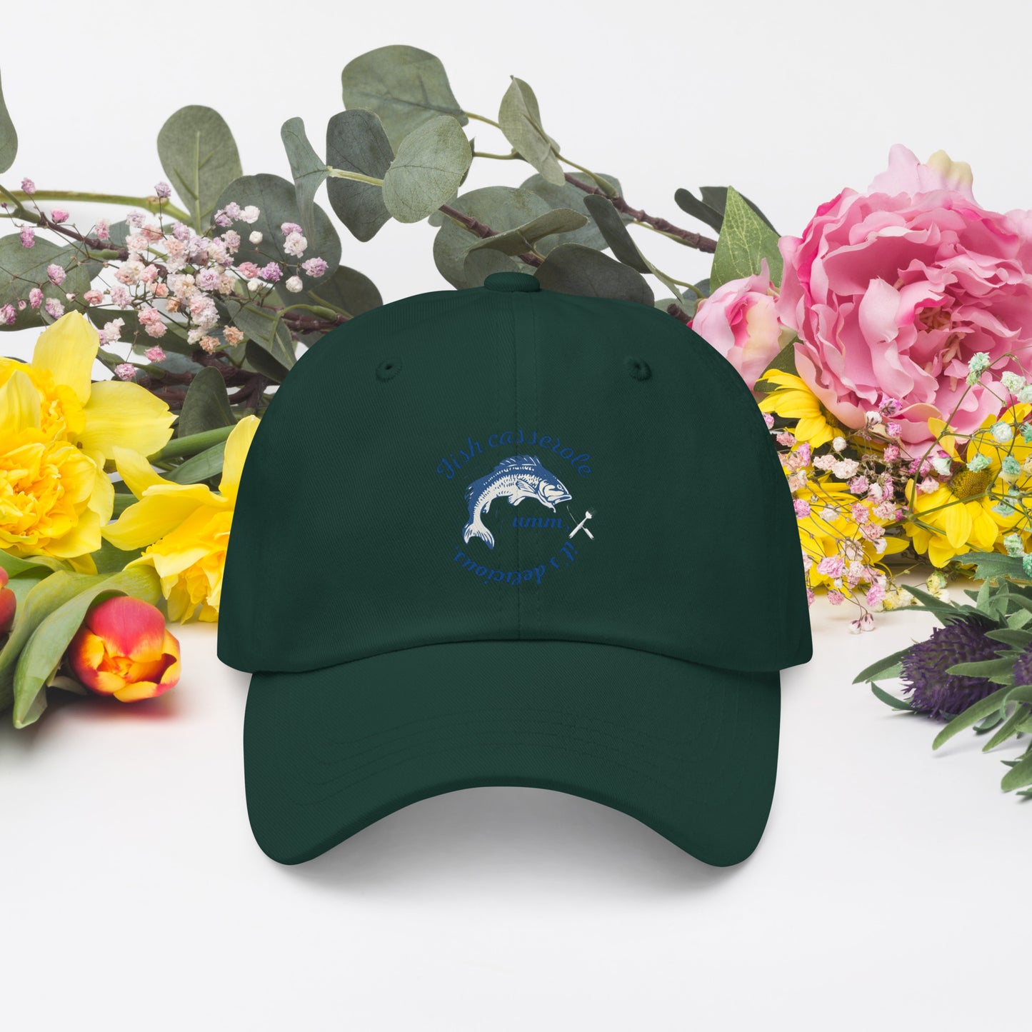 Fish Design hat in spruce green - comfortable ocean-themed baseball cap with embroidered fish graphic