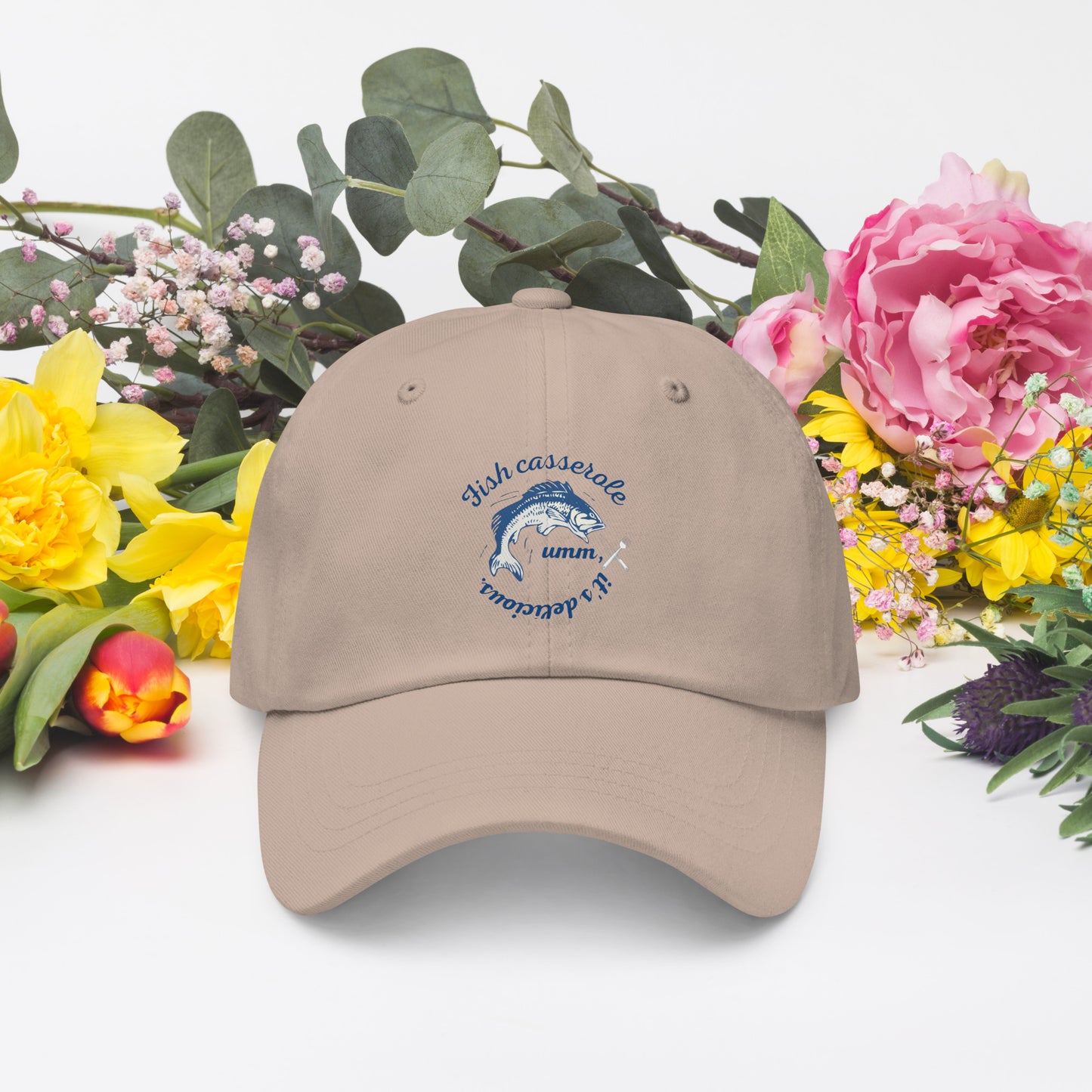 Fish Design hat in stone beige - stylish ocean-themed baseball cap with fish design for marine life lovers