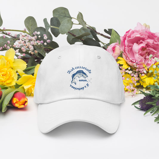 Fish Design hat in White - stylish ocean-themed baseball cap with fish embroidery perfect for marine enthusiasts