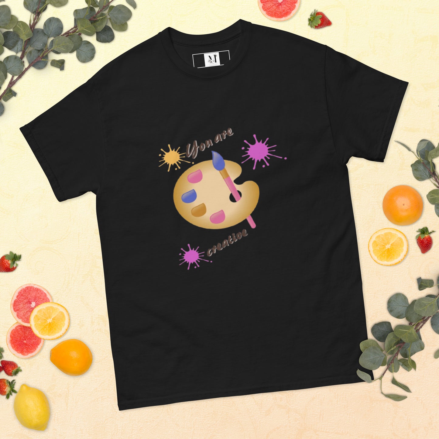 Unisex Creative t-shirt in black - soft cotton artistic tee with vibrant palette design for creative minds