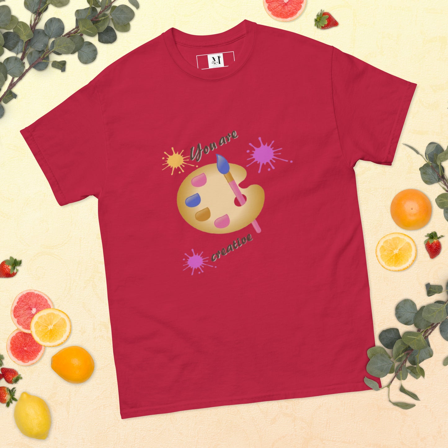 Unisex Creative t-shirt in cardinal red - soft cotton artistic tee with colorful creative palette design