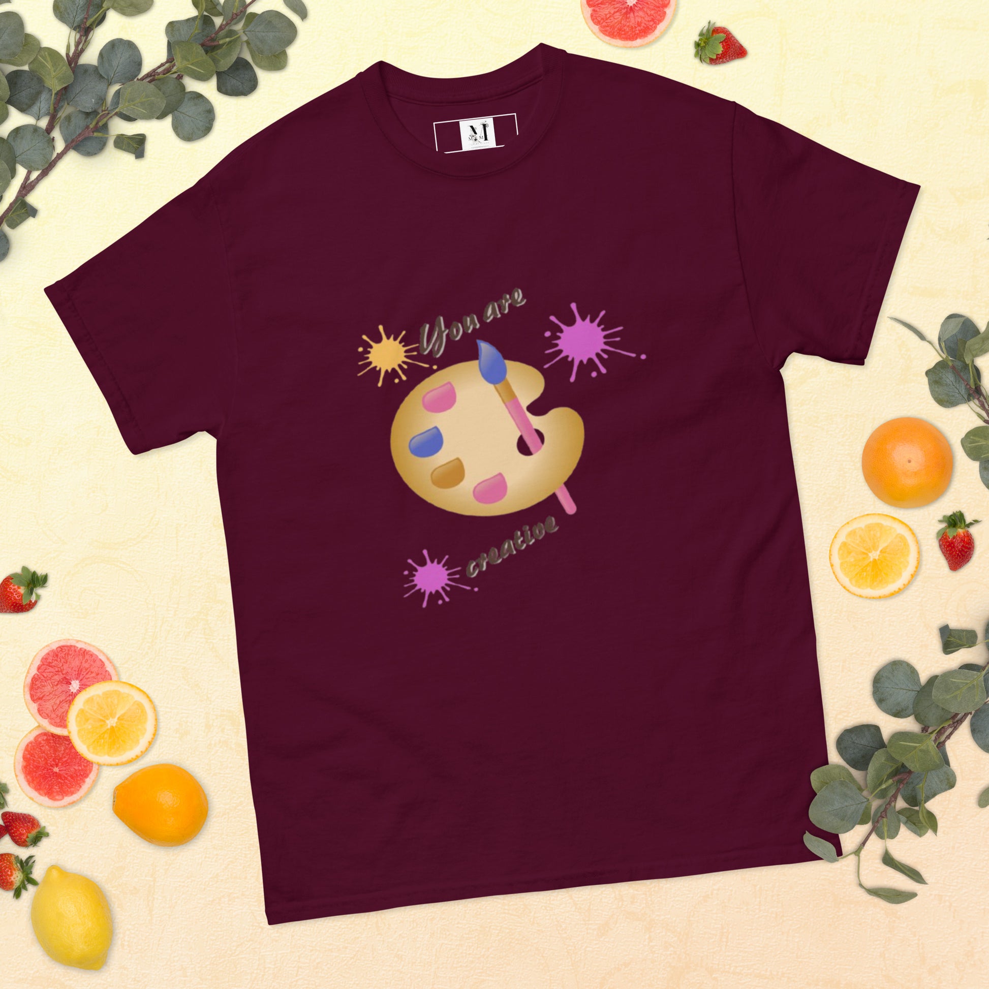 Unisex Creative t-shirt in maroon - comfortable cotton artistic tee with creative palette design for artists