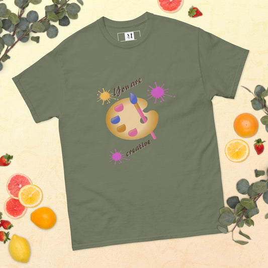 Unisex Creative t-shirt in military green - premium cotton artistic tee with colorful palette design for creators