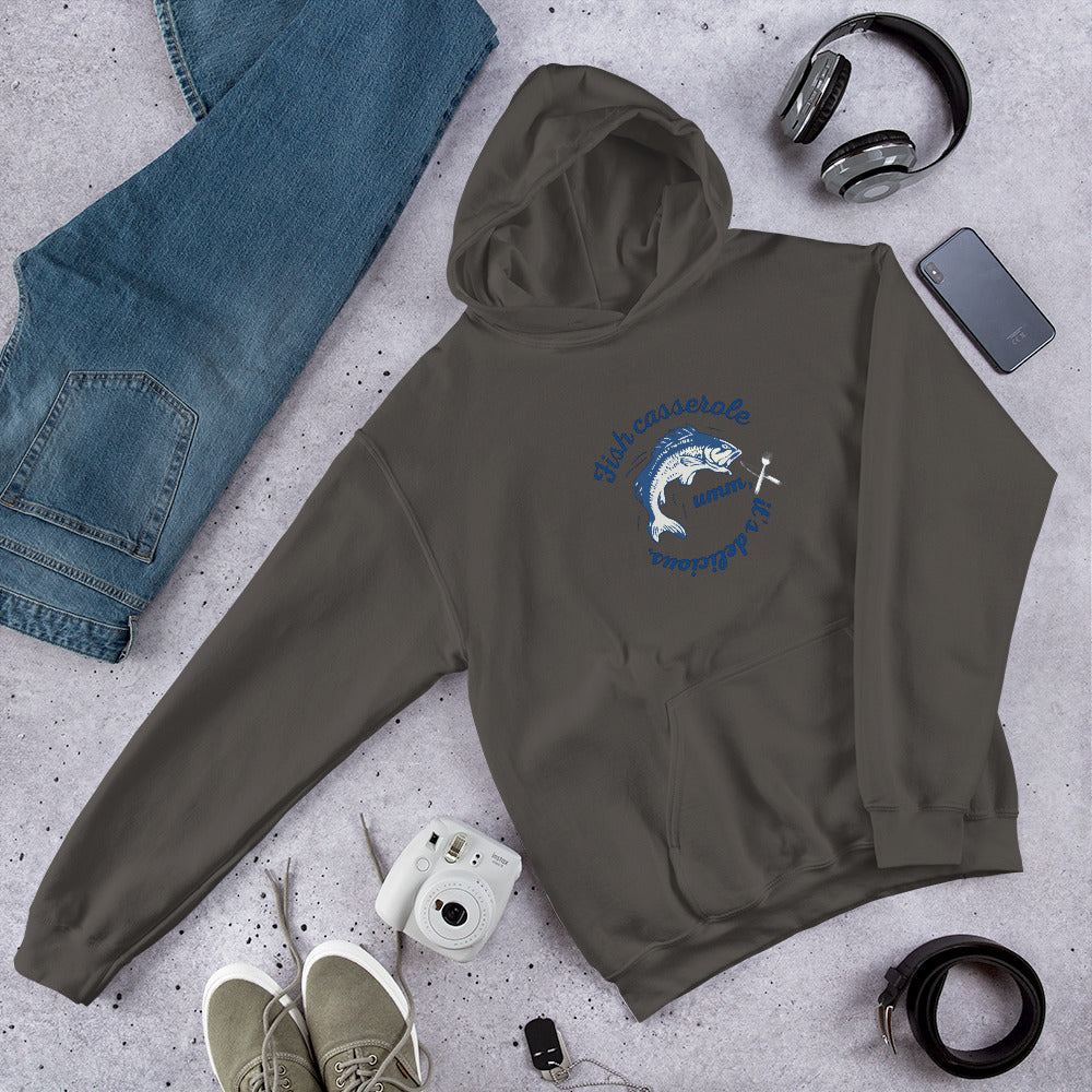 Unisex Fish hoodie in charcoal grey - soft cotton blend ocean-themed sweatshirt with stylish fish design
