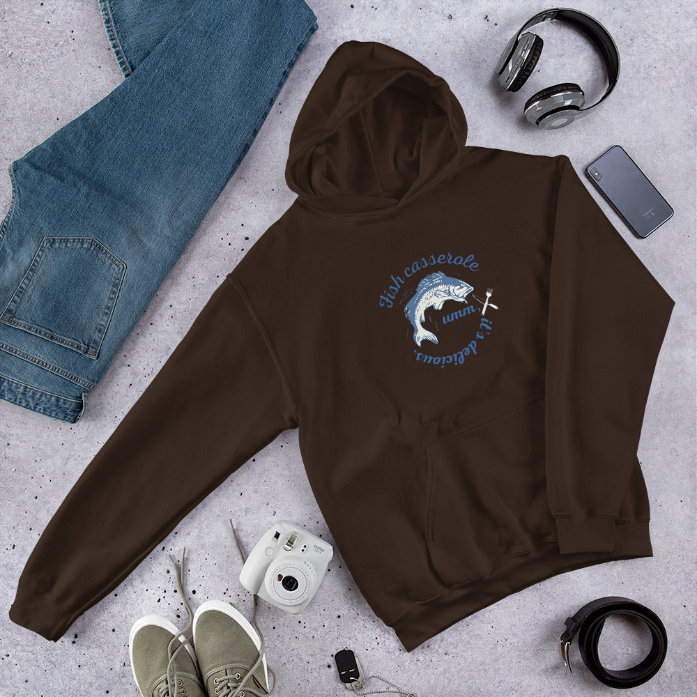 Unisex Fish hoodie in dark chocolate brown - cozy cotton blend ocean-themed sweatshirt with fish design