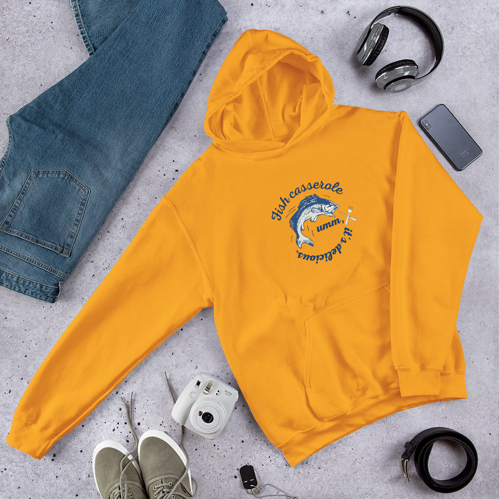 Unisex Fish hoodie in gold yellow - bright cotton blend ocean-themed sweatshirt with vibrant fish design