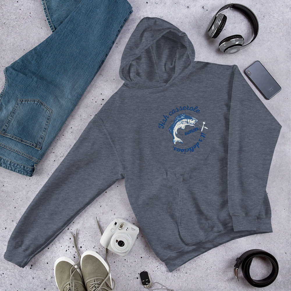 Unisex Fish hoodie in dark heather grey - comfortable cotton blend ocean-themed sweatshirt with fish graphic