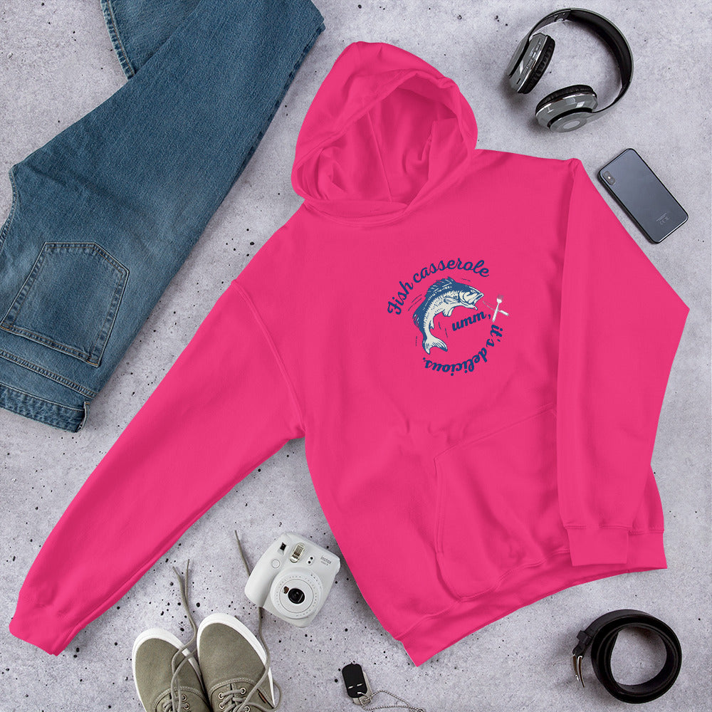 Unisex Fish hoodie in heliconia pink - vibrant cotton blend ocean-themed sweatshirt with colorful fish design