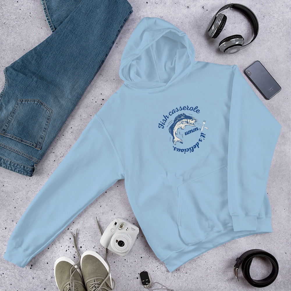 Unisex Fish hoodie in light blue - soft cotton blend ocean-themed sweatshirt with aquatic fish graphic design