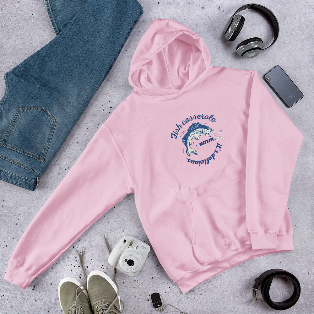 Unisex Fish hoodie in light pink - comfortable cotton blend ocean-themed sweatshirt with gentle fish graphic