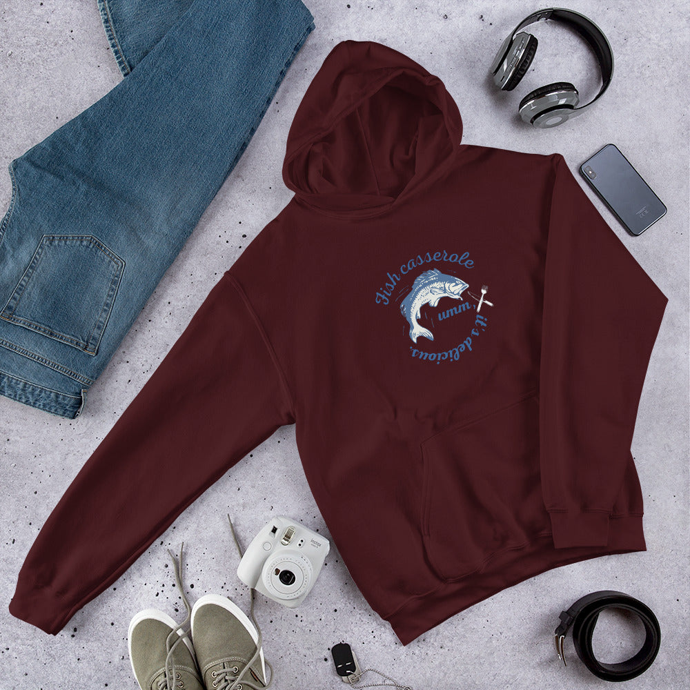 Unisex Fish hoodie in maroon - soft cotton blend ocean-themed sweatshirt with fish graphic for sea enthusiasts