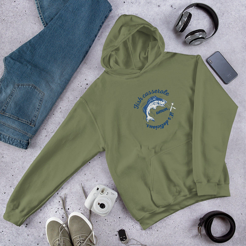 Unisex Fish hoodie in military green - durable cotton blend ocean-themed sweatshirt with tactical-inspired fish design