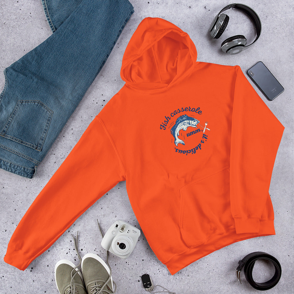 Unisex Fish hoodie in orange - bright cotton blend ocean-themed sweatshirt with vibrant fish graphic design