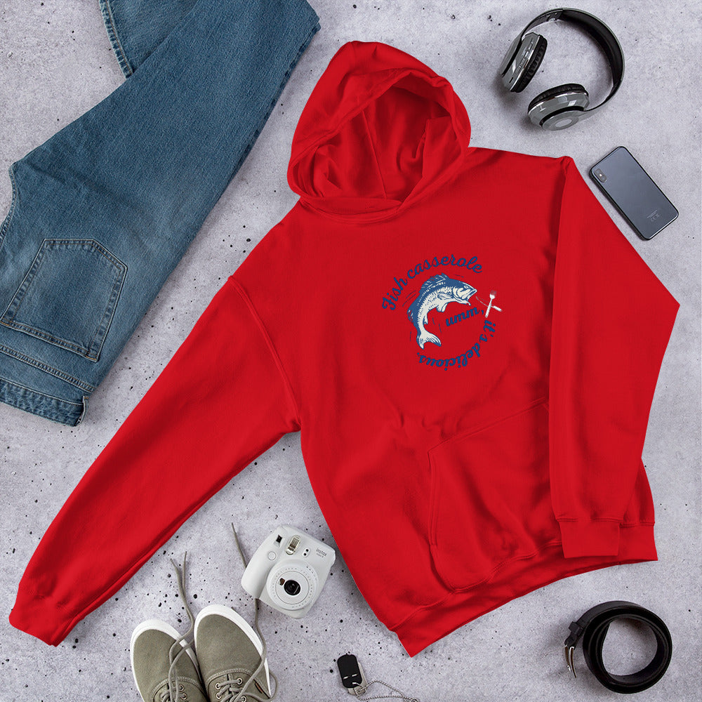 Unisex Fish hoodie in red - vibrant cotton blend ocean-themed sweatshirt with bold fish design