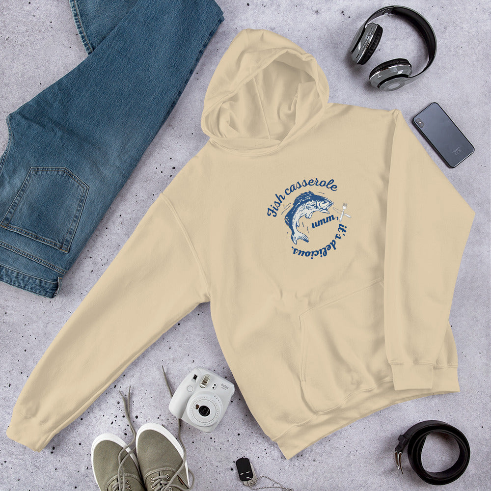 Unisex Fish hoodie in sand beige - cozy cotton blend ocean-themed sweatshirt with beach-inspired fish design