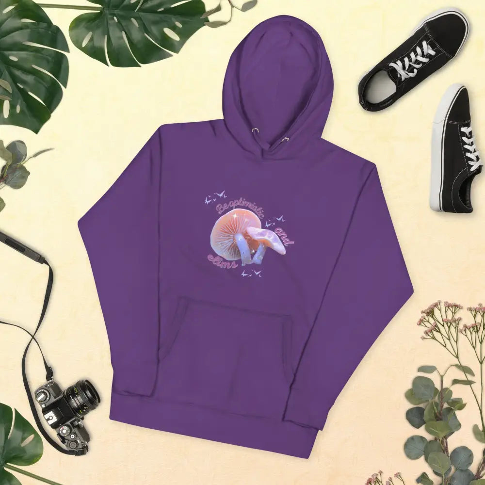 Unisex Optimism hoodie in purple - soft cotton blend motivational sweatshirt with positive message and botanical design