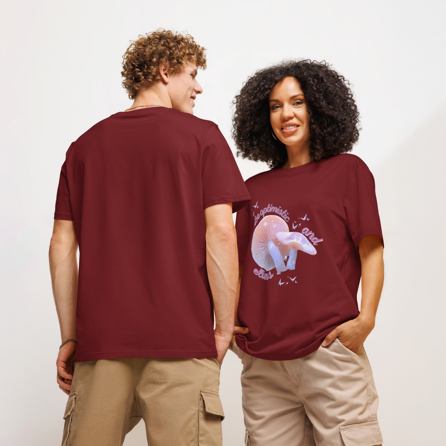Unisex Optimism ribbed neck t-shirt in maroon - comfortable organic cotton motivational tee with positive message and ribbed collar