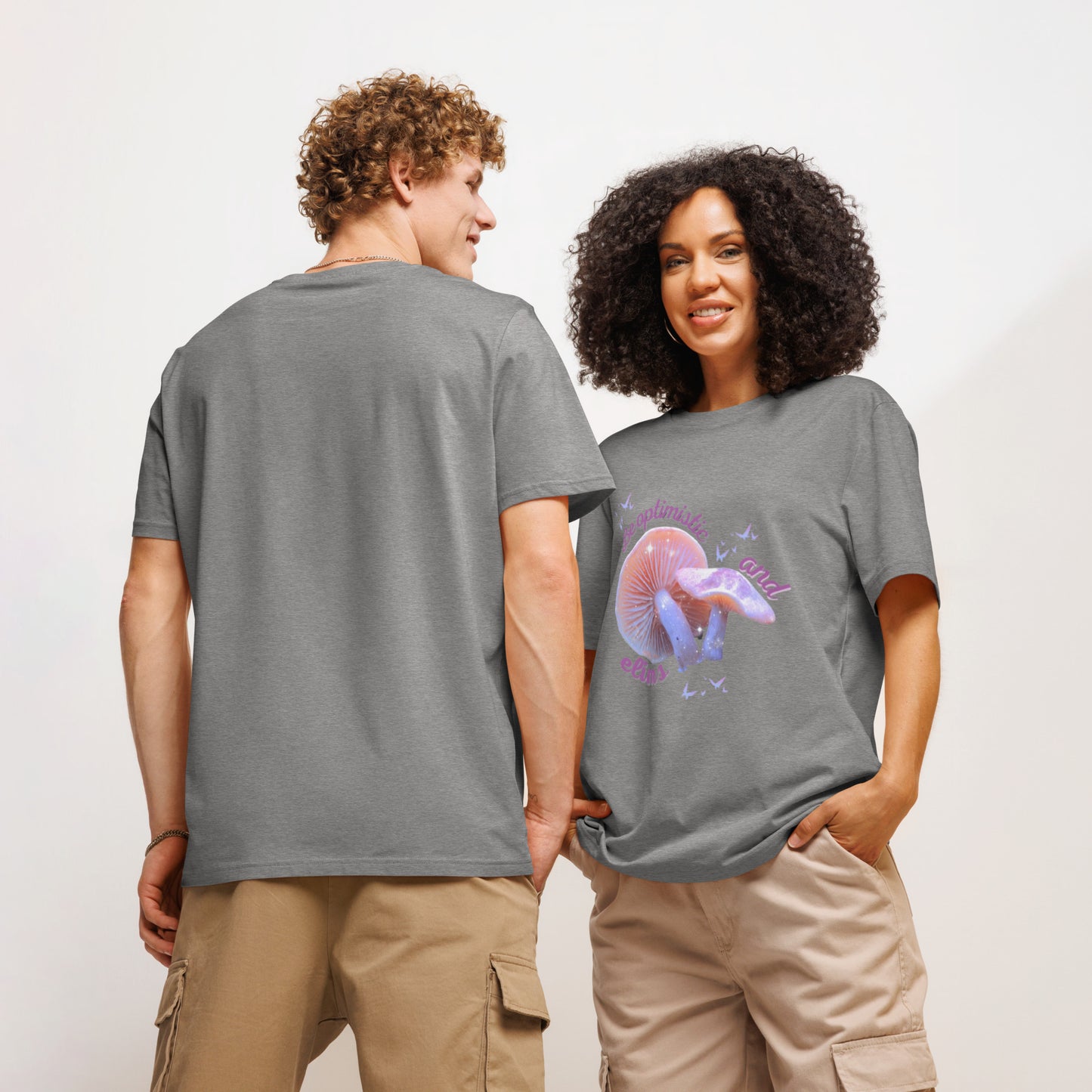Unisex Optimism ribbed neck t-shirt in Heather Grey  - comfortable organic cotton motivational tee with positive message and ribbed collar