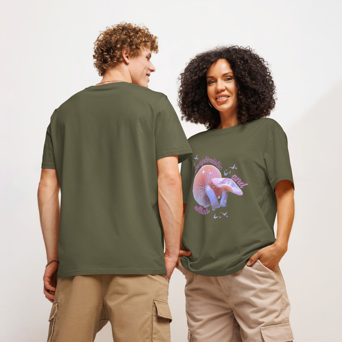 Unisex Optimism ribbed neck t-shirt in military green - organic cotton motivational tee with positive message and stylish ribbed collar