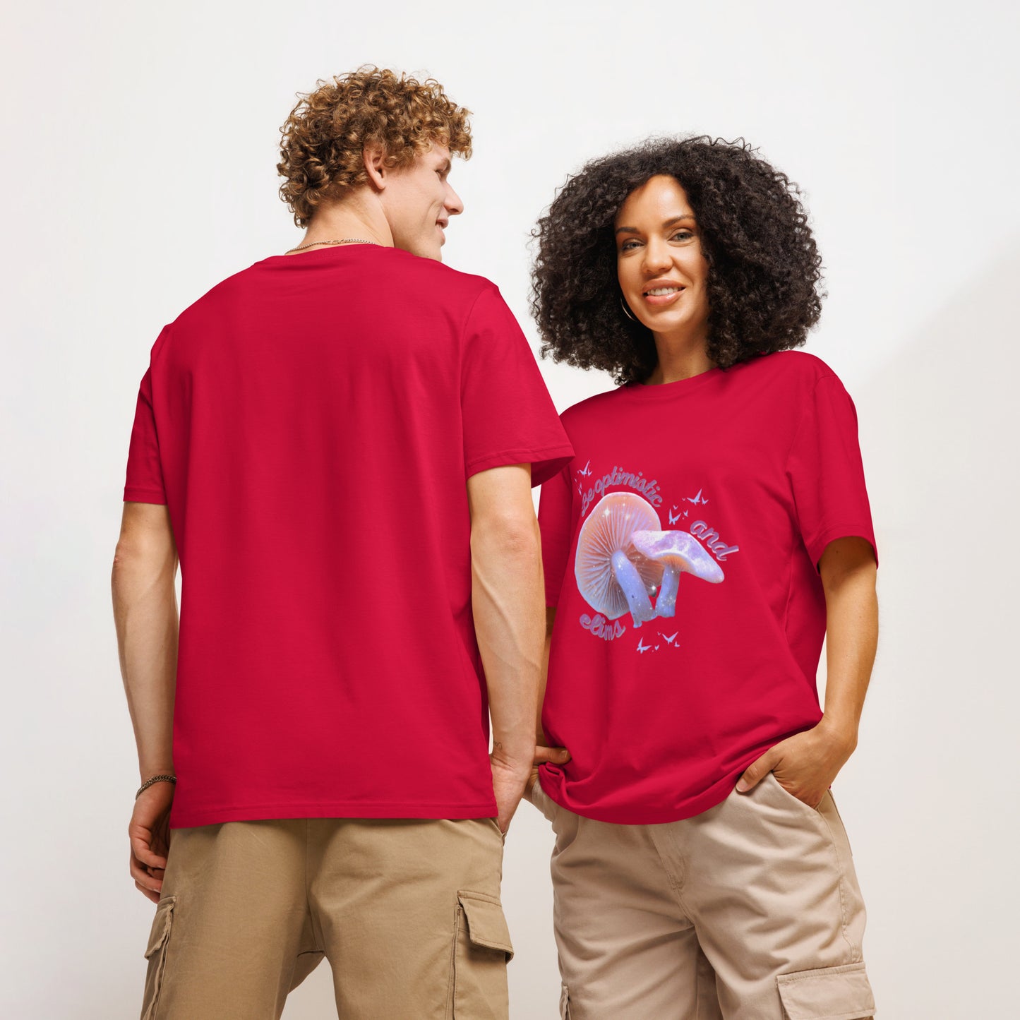 Unisex Optimism ribbed neck t-shirt in red - comfortable organic cotton motivational tee with positive message and ribbed collar