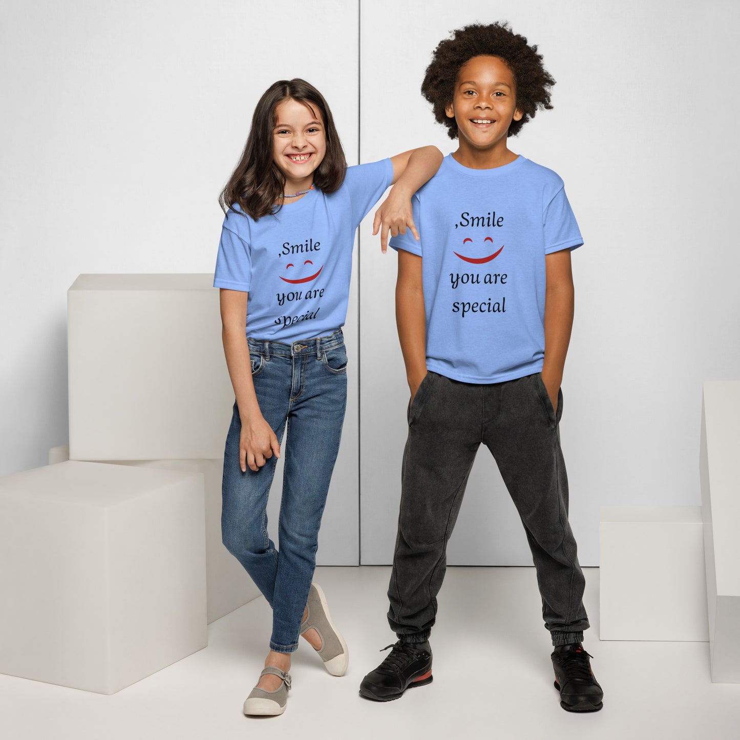 Smile youth t-shirt in carolina blue - soft kids cotton tee with positive smile message for children