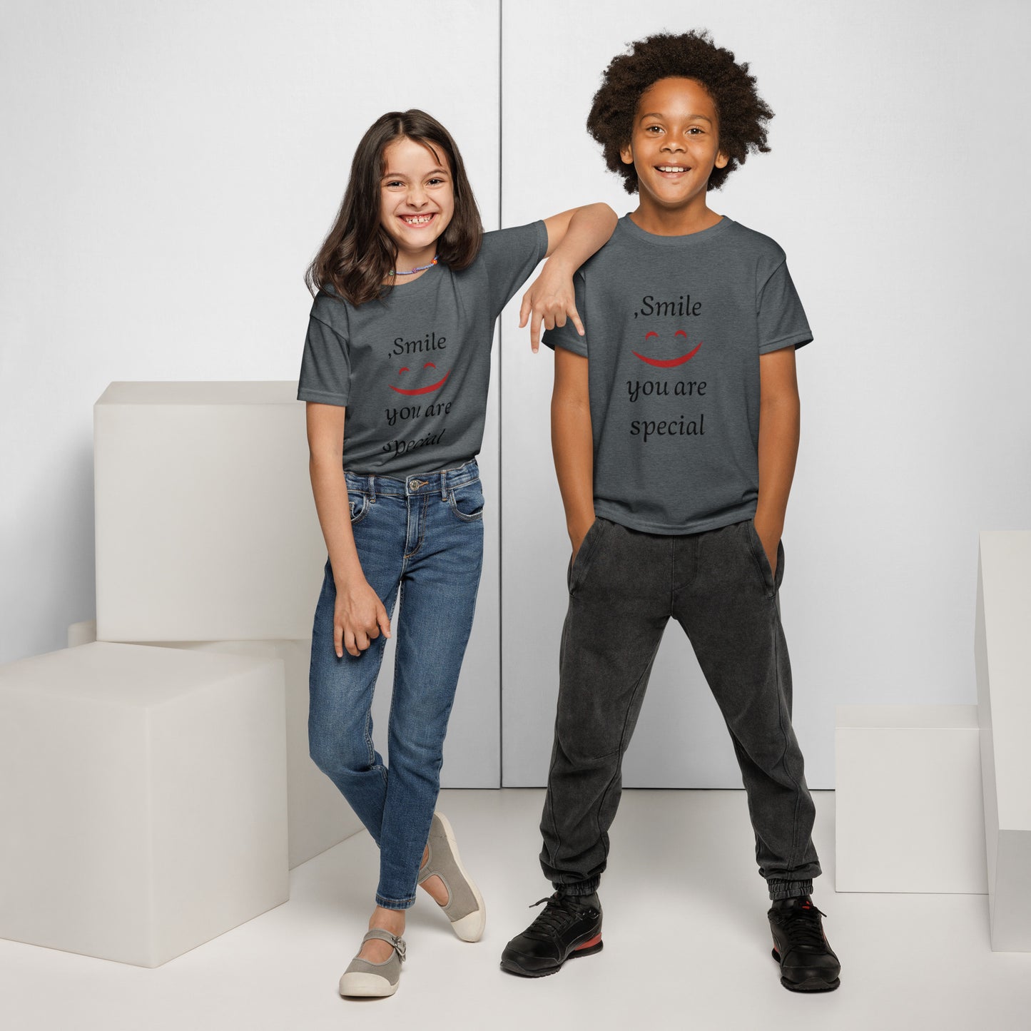 Smile youth t-shirt in dark heather grey - comfortable kids cotton tee with happy message for children