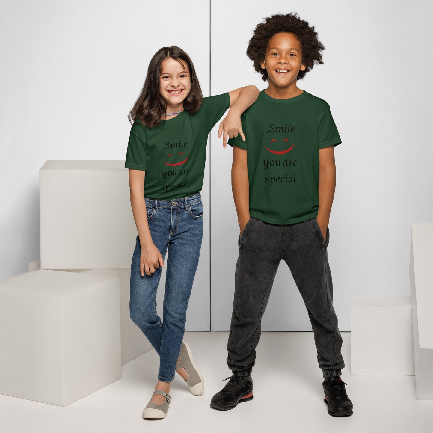 Smile youth t-shirt in Forest Green - soft kids cotton tee with positive smile message for children