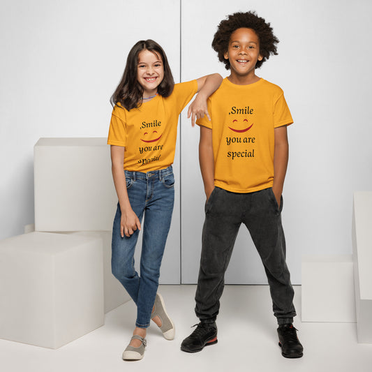 Smile youth t-shirt in gold yellow - bright kids cotton tee with cheerful smile design for happy children
