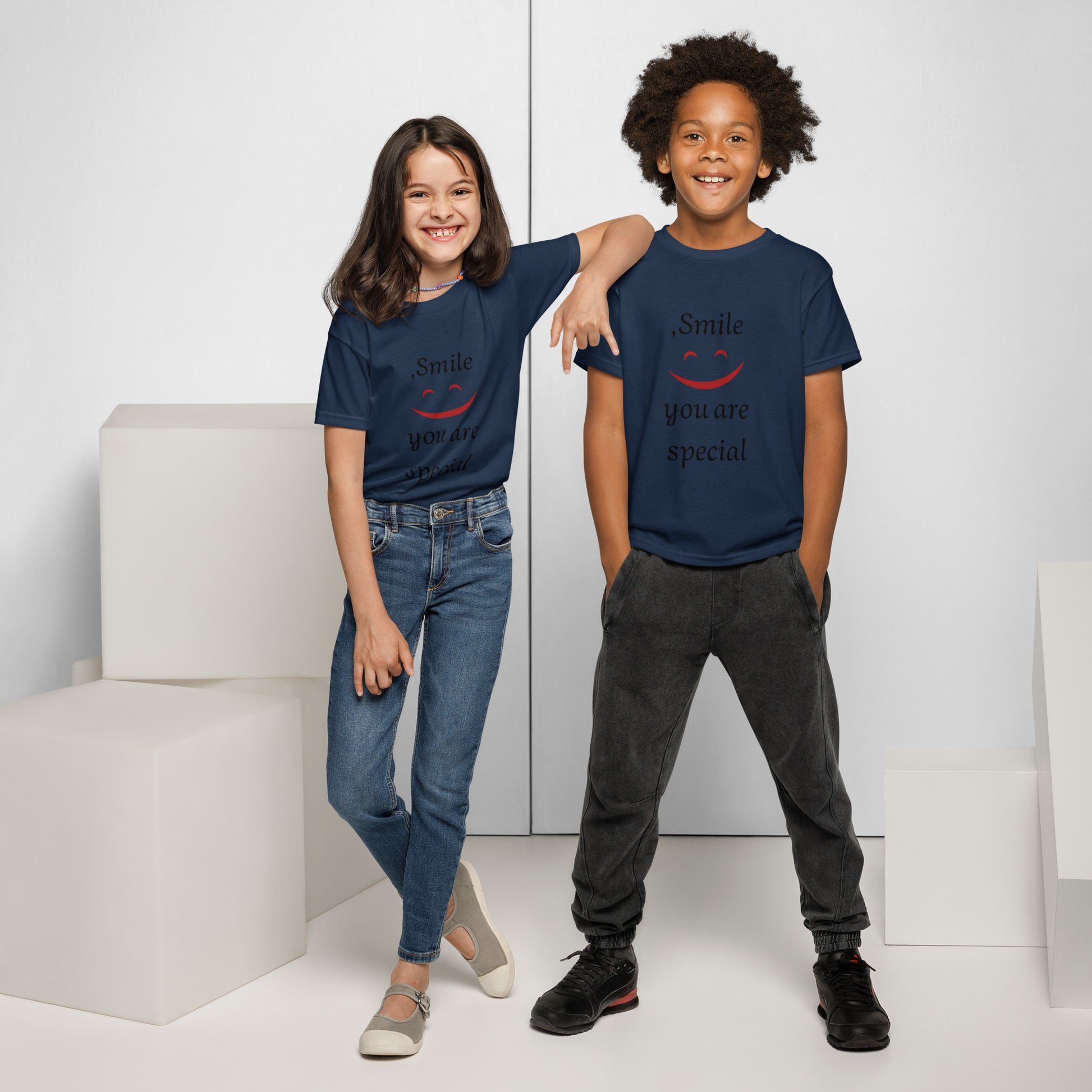 Smile youth t-shirt in Navy - soft kids cotton tee with positive smile message for children