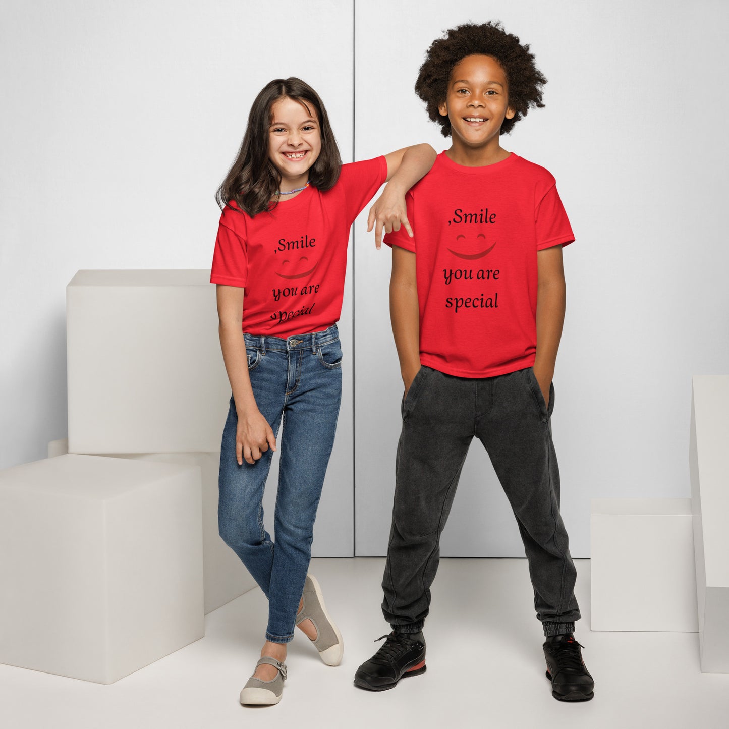 Smile youth t-shirt in red - vibrant kids cotton tee with positive smile design for happy children