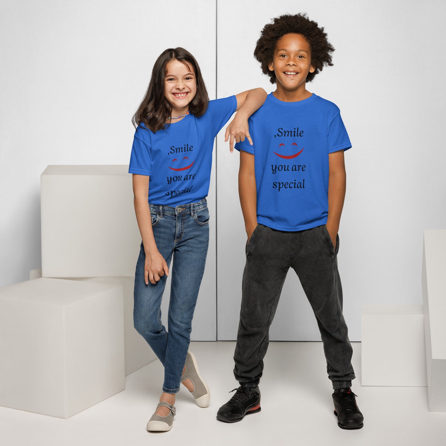 Smile youth t-shirt in royal blue - comfortable kids cotton tee with uplifting smile message for children