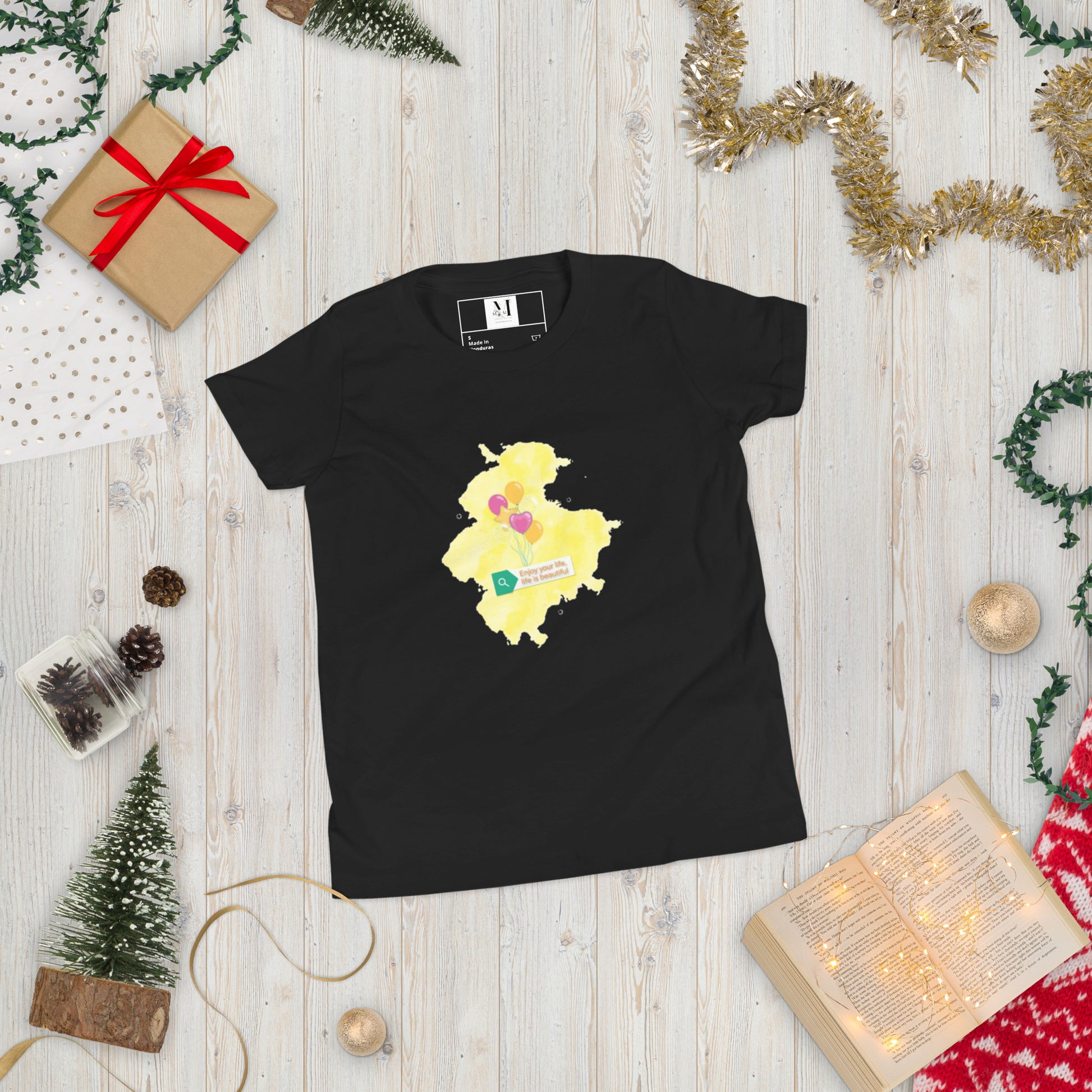 Enjoy Your Life Life is Beautiful unisex t-shirt in black - premium cotton inspirational tee with colorful heart balloon design