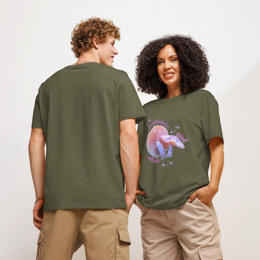 Unisex Optimism ribbed neck t-shirt in military green - organic cotton motivational tee with positive message and stylish ribbed collar
